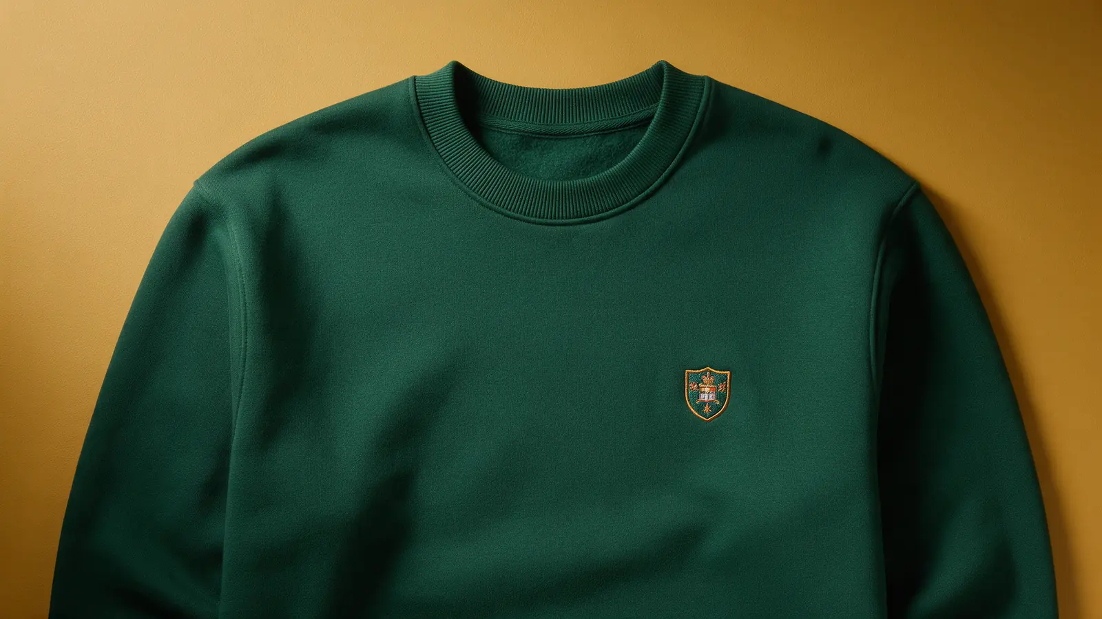 Sudadera crewneck verde pino con pequeño escudo bordado sobre fondo mostaza