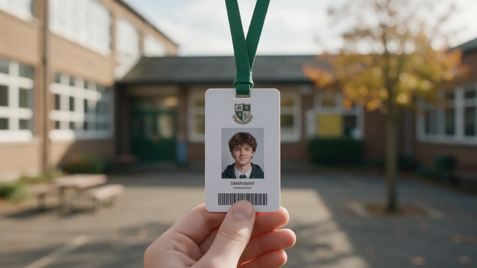 Credencial escolar de PVC con foto y lanyard verde